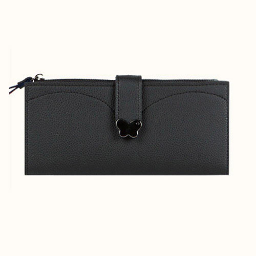 Butterfly decorated Korea lady women long slim wallet(Black)