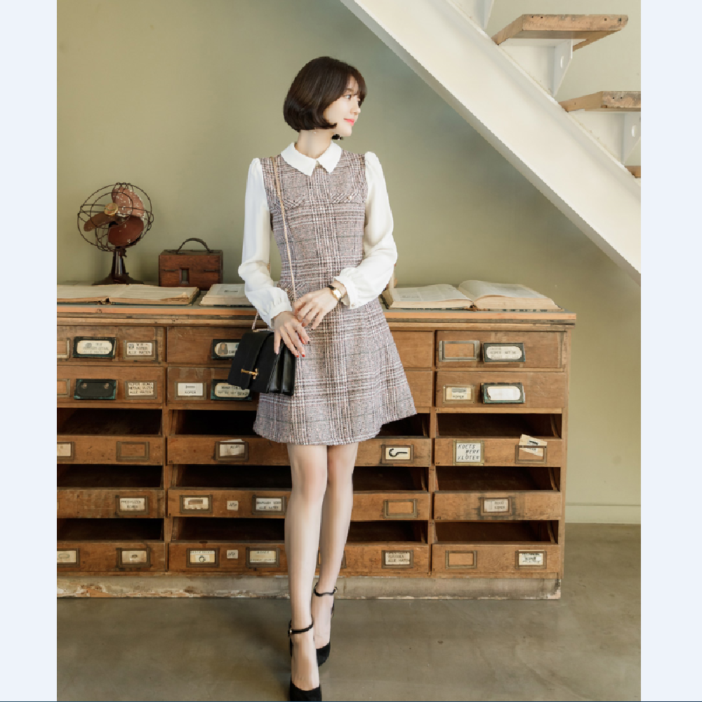 op3930 Mock Layer Tweed Dress
