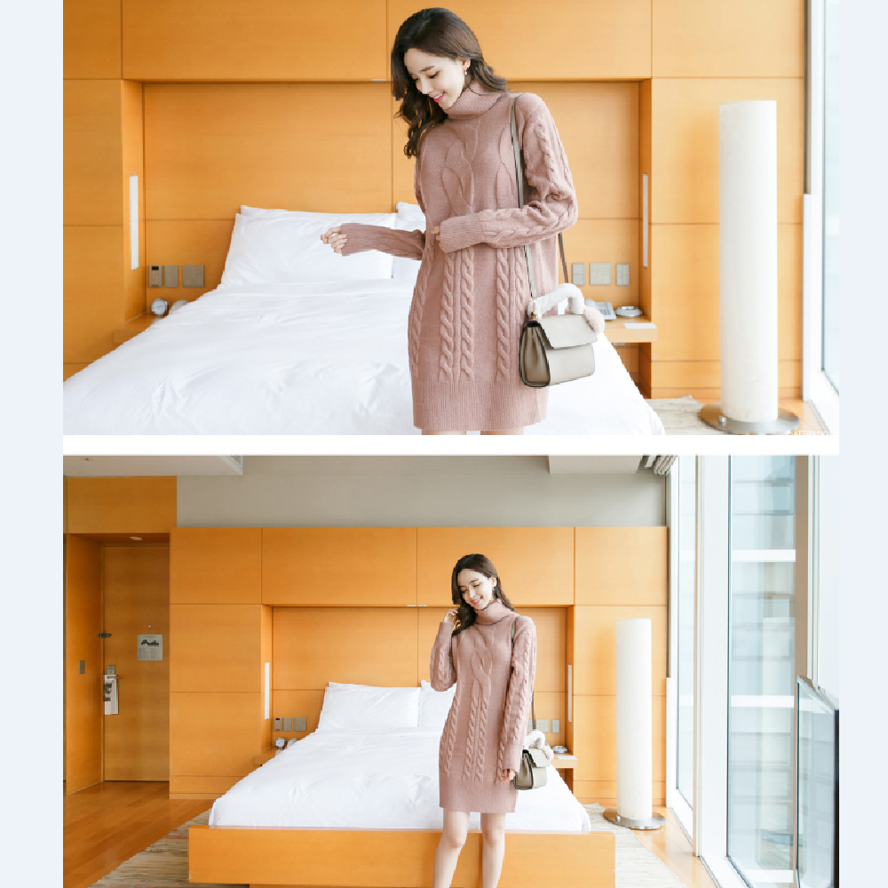 op2576 Twist Knit Roll Neck Sweater Dress