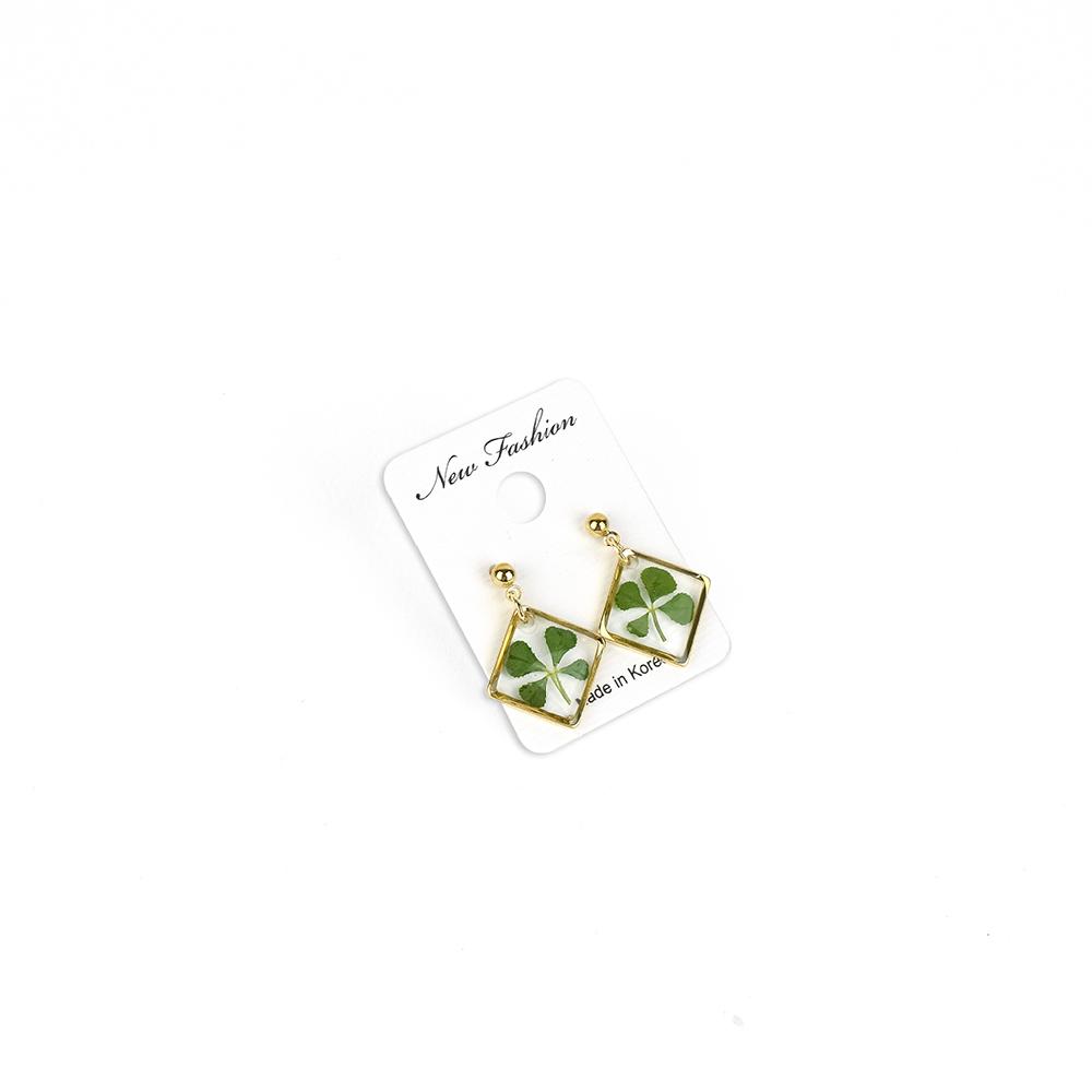 Resin Craft Earring with Four Leaf Clover Dangle Real Lucky Clover Ear Rings - Square Type