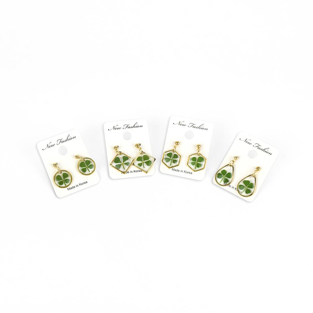 Resin Craft Earring with Four Leaf Clover Dangle Real Lucky Clover Ear Rings - Round Type