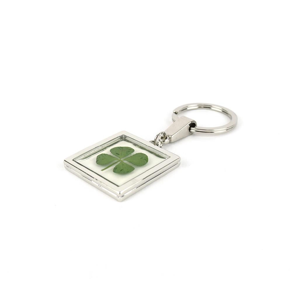 Clover Keyring - Fancy Resin Craft Art Pressed Real Four Leaf Clover Key Chain - Square Shape