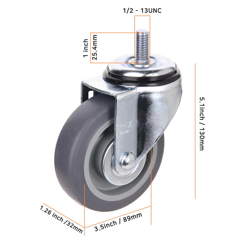 Easy Install, 4inch Heavy Duty Casters, All Swivel 1/2-13UNC1 Stem Caster with  Rubber Plastic Wheel